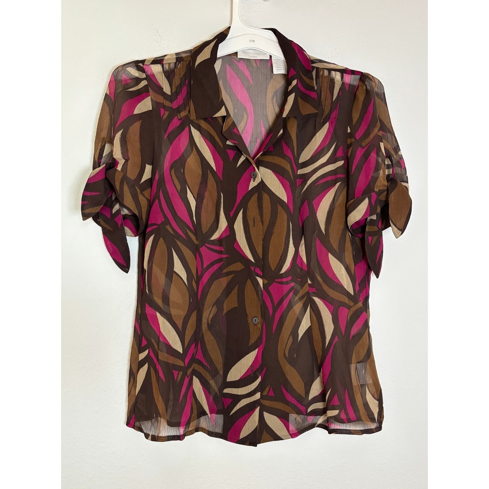 Worthington Petite Abstract Print Sheer Button Down Blouse Brown Pink 12P